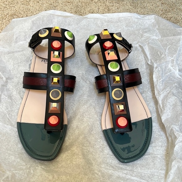 New! FENDI multicolor leather and lizard  embossed multi studded Size 38 flats - Picture 1 of 10